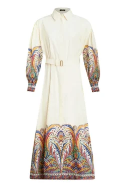 Belted Paisley Print Midi Dress