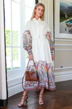 Belted Paisley Print Midi Dress