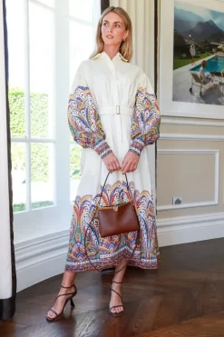Belted Paisley Print Midi Dress